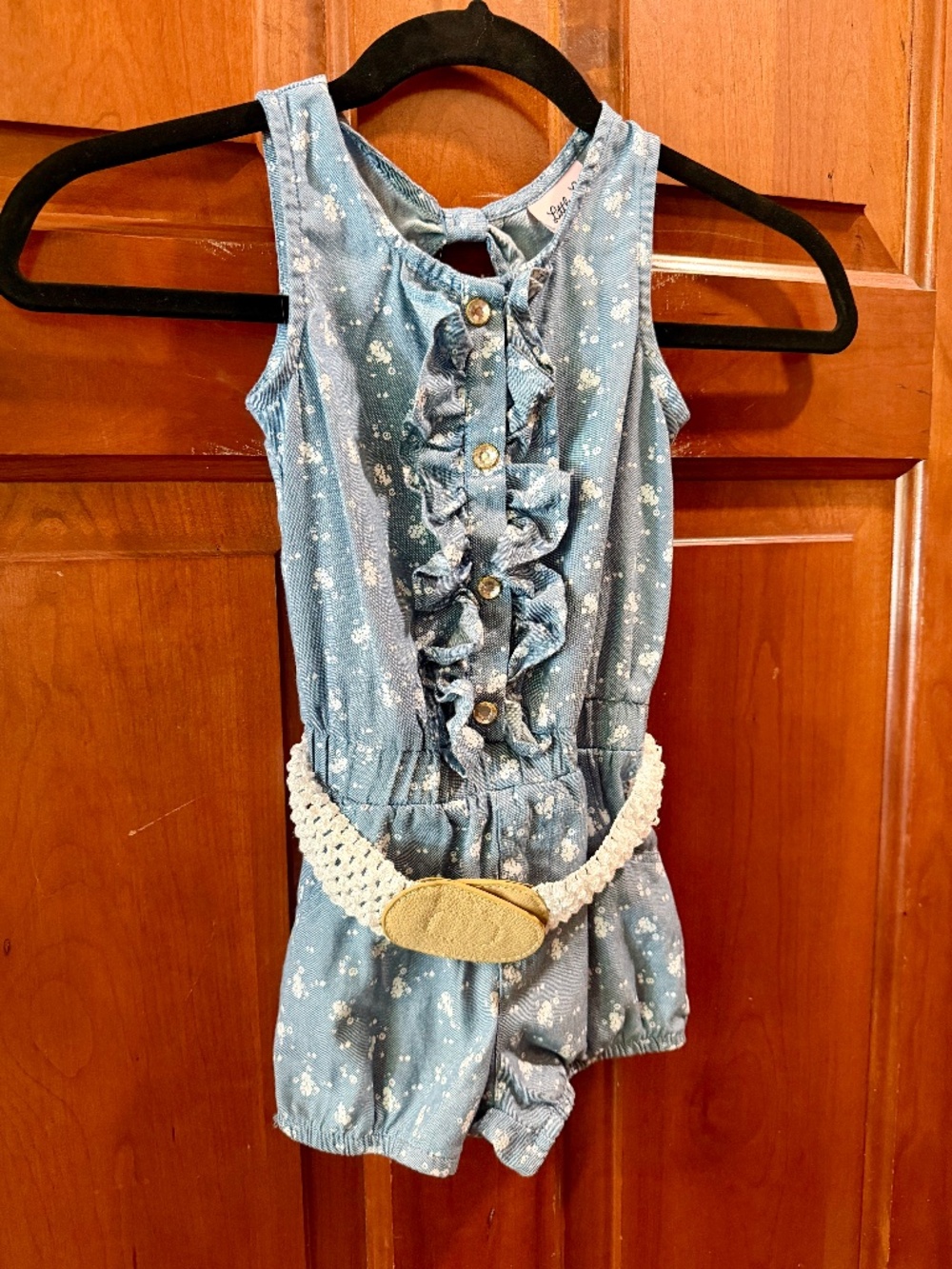 🌸 Little Lass • Floral Ruffle Romper with Crochet Belt • Size 4 🌸
